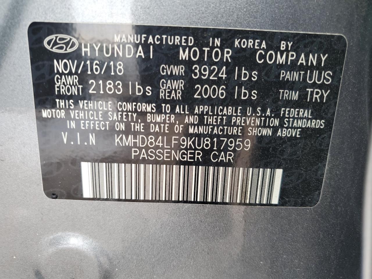 2019 Hyundai Elantra Sel VIN: KMHD84LF9KU817959 Lot: 66681914