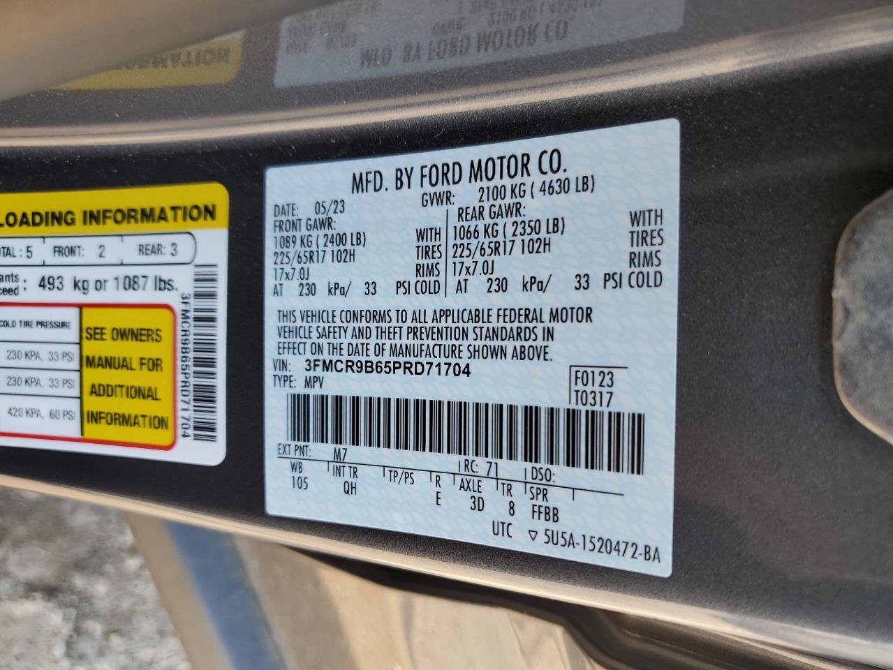 2023 Ford Bronco Sport Big Bend VIN: 3FMCR9B65PRD71704 Lot: 66778754