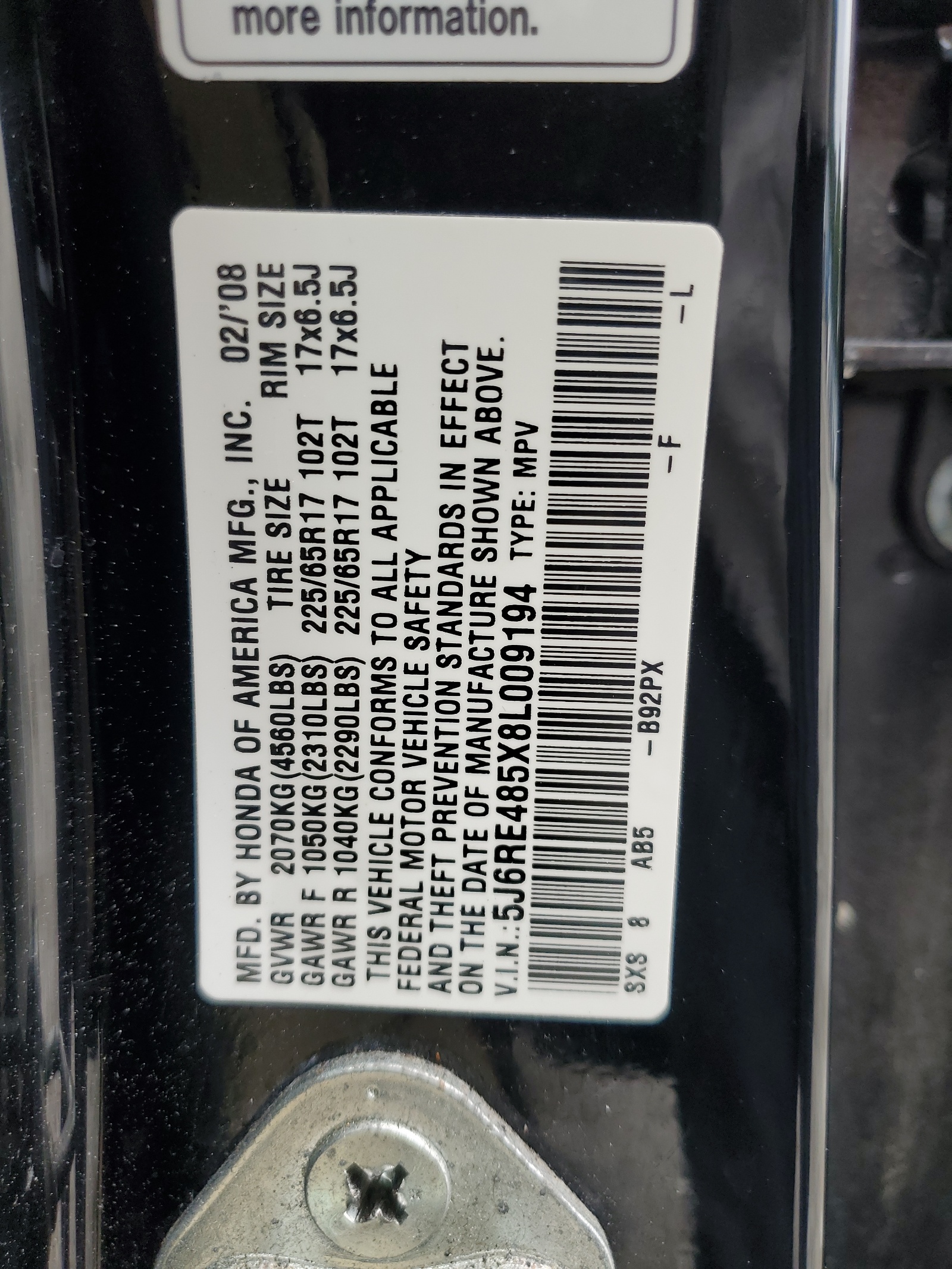 5J6RE485X8L009194 2008 Honda Cr-V Ex