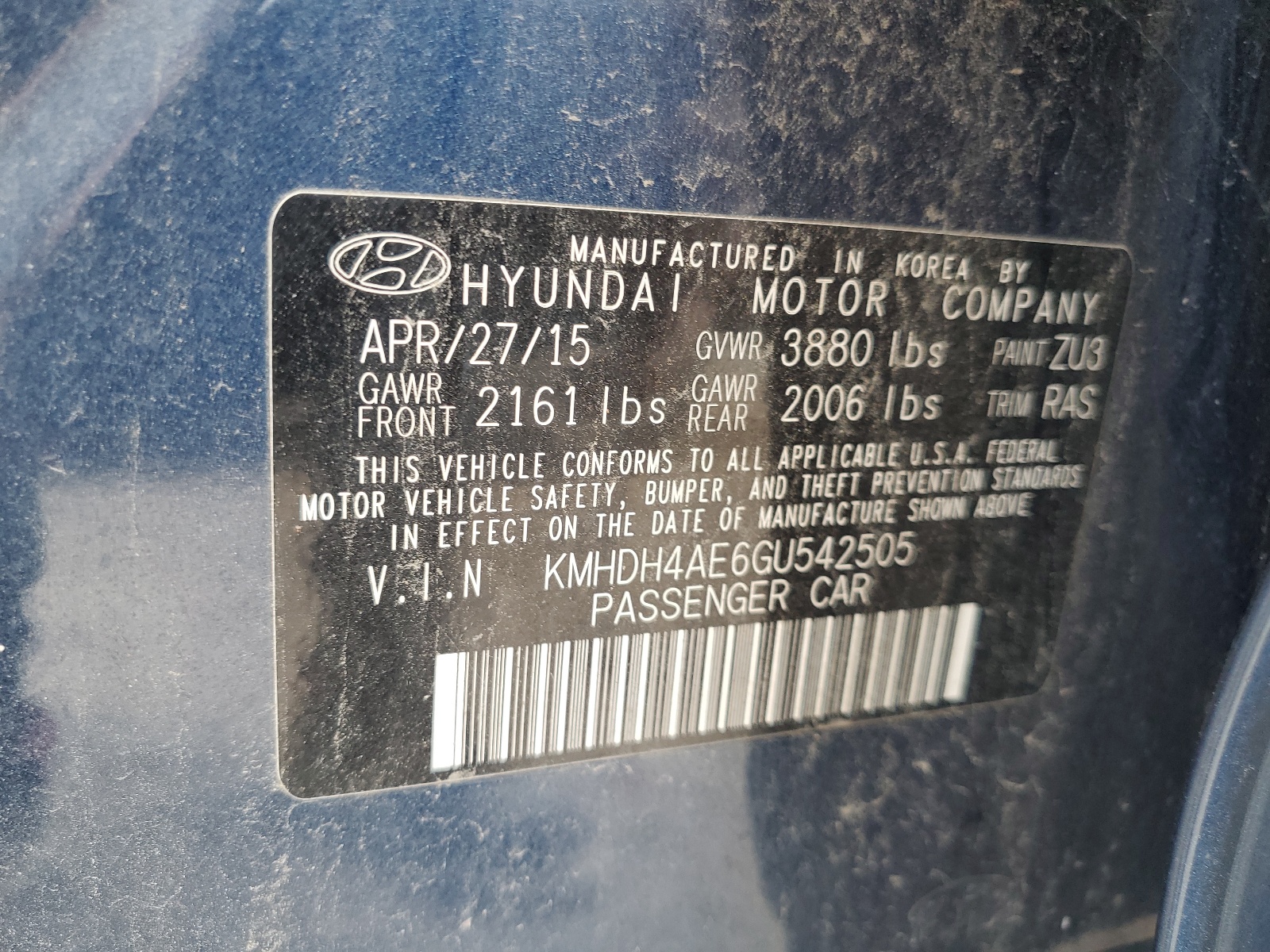 KMHDH4AE6GU542505 2016 Hyundai Elantra Se