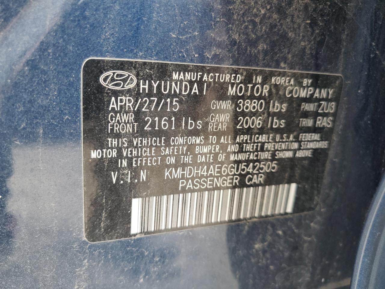 2016 Hyundai Elantra Se VIN: KMHDH4AE6GU542505 Lot: 66174344