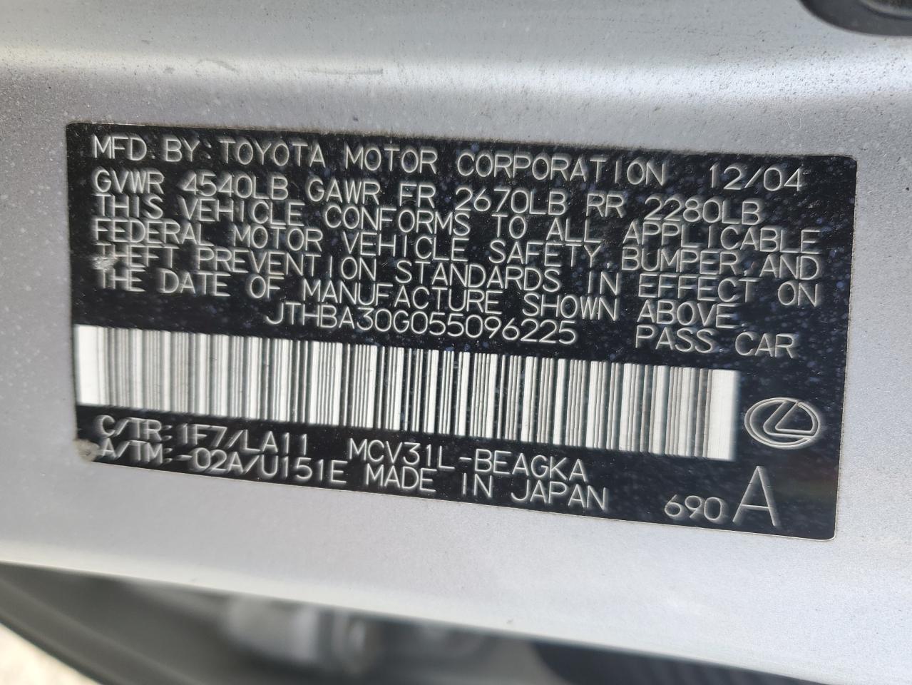 JTHBA30G055096225 2005 Lexus Es 330