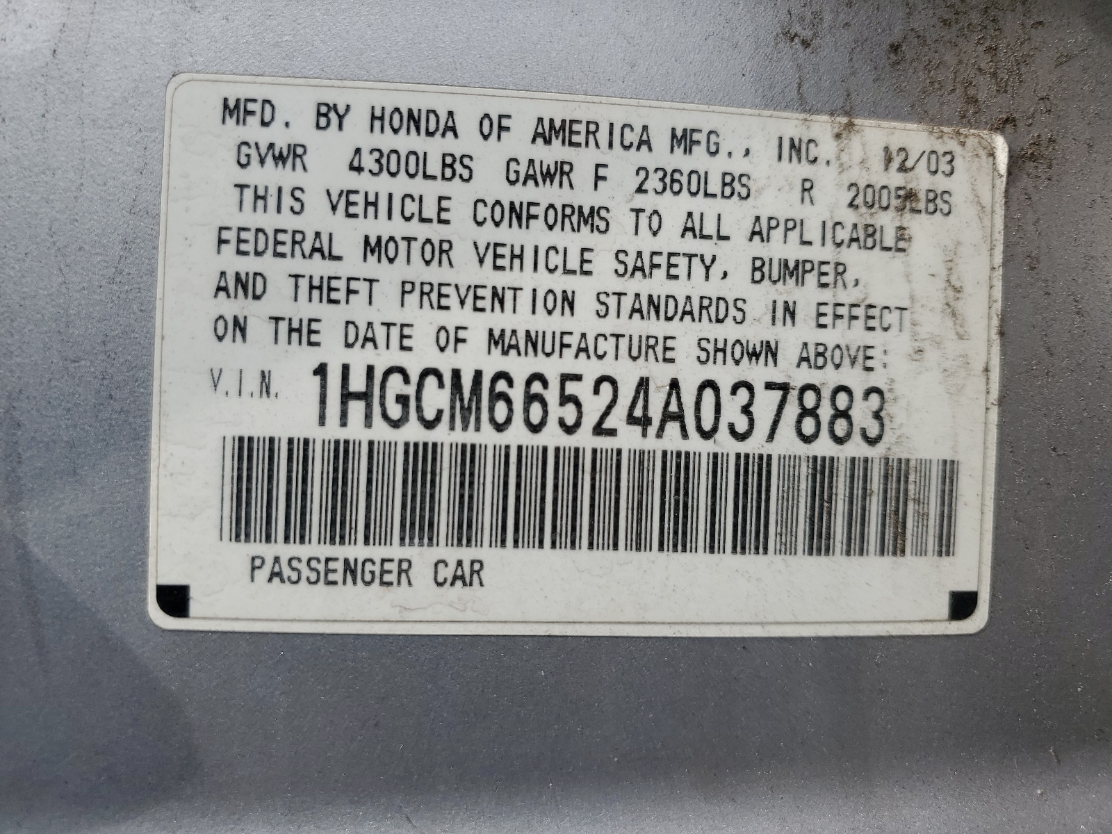 1HGCM66524A037883 2004 Honda Accord Ex