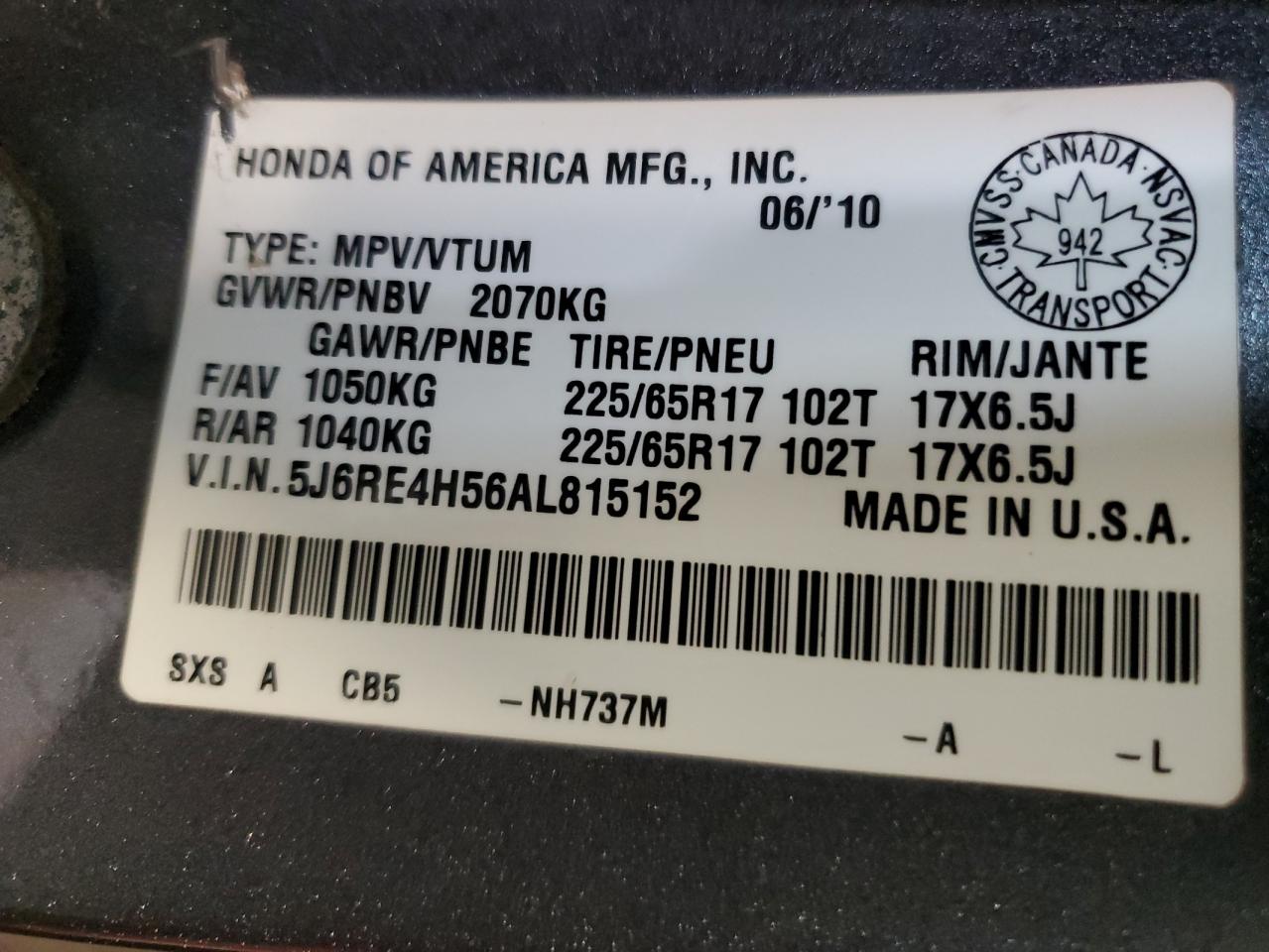 2010 Honda Cr-V Ex VIN: 5J6RE4H56AL815152 Lot: 66685424