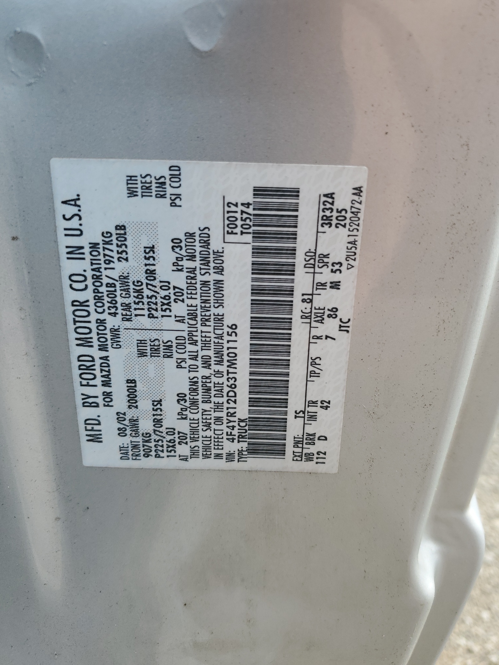 4F4YR12D63TM01156 2003 Mazda B2300