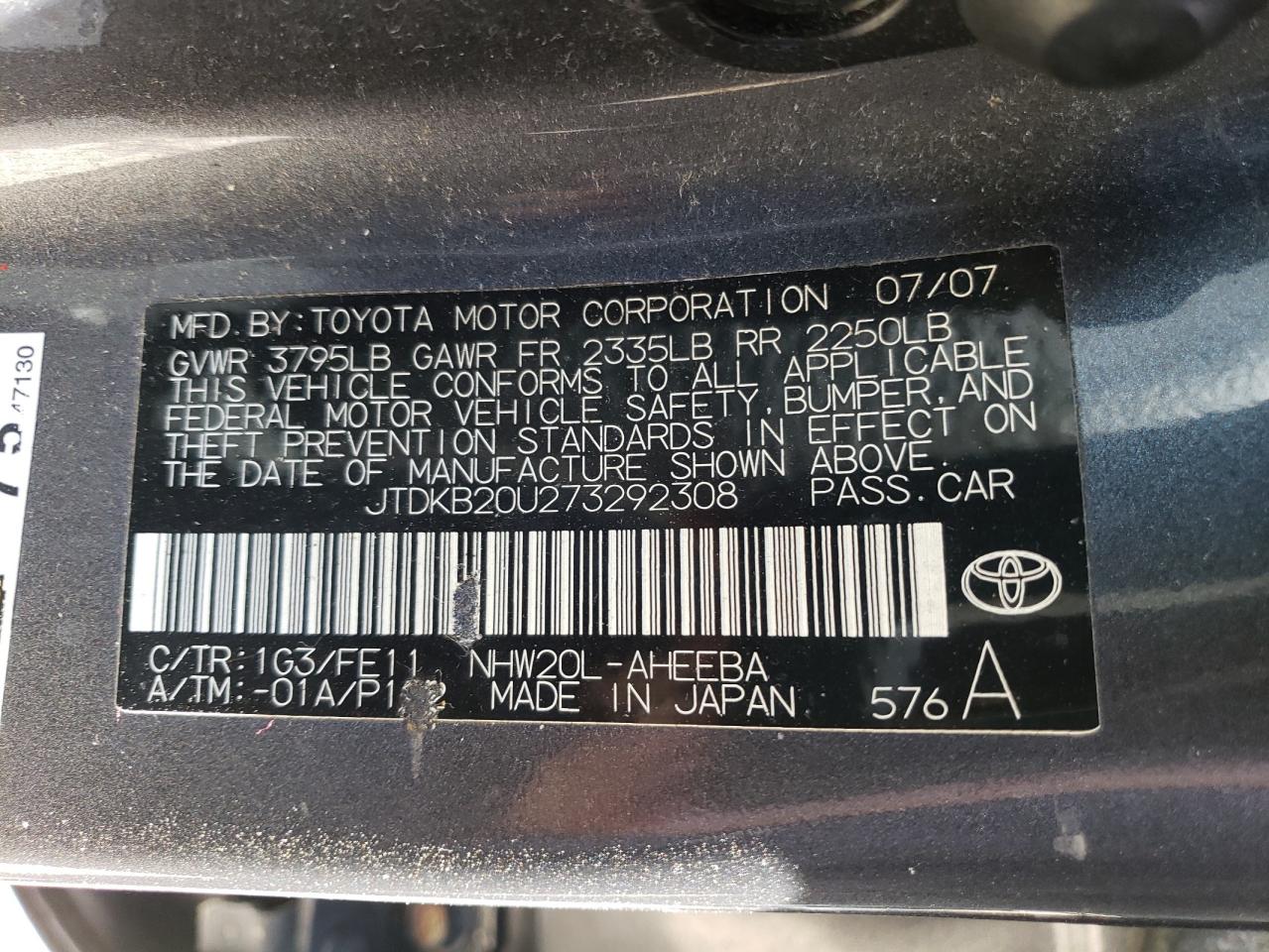 2007 Toyota Prius VIN: JTDKB20U273292308 Lot: 68632464