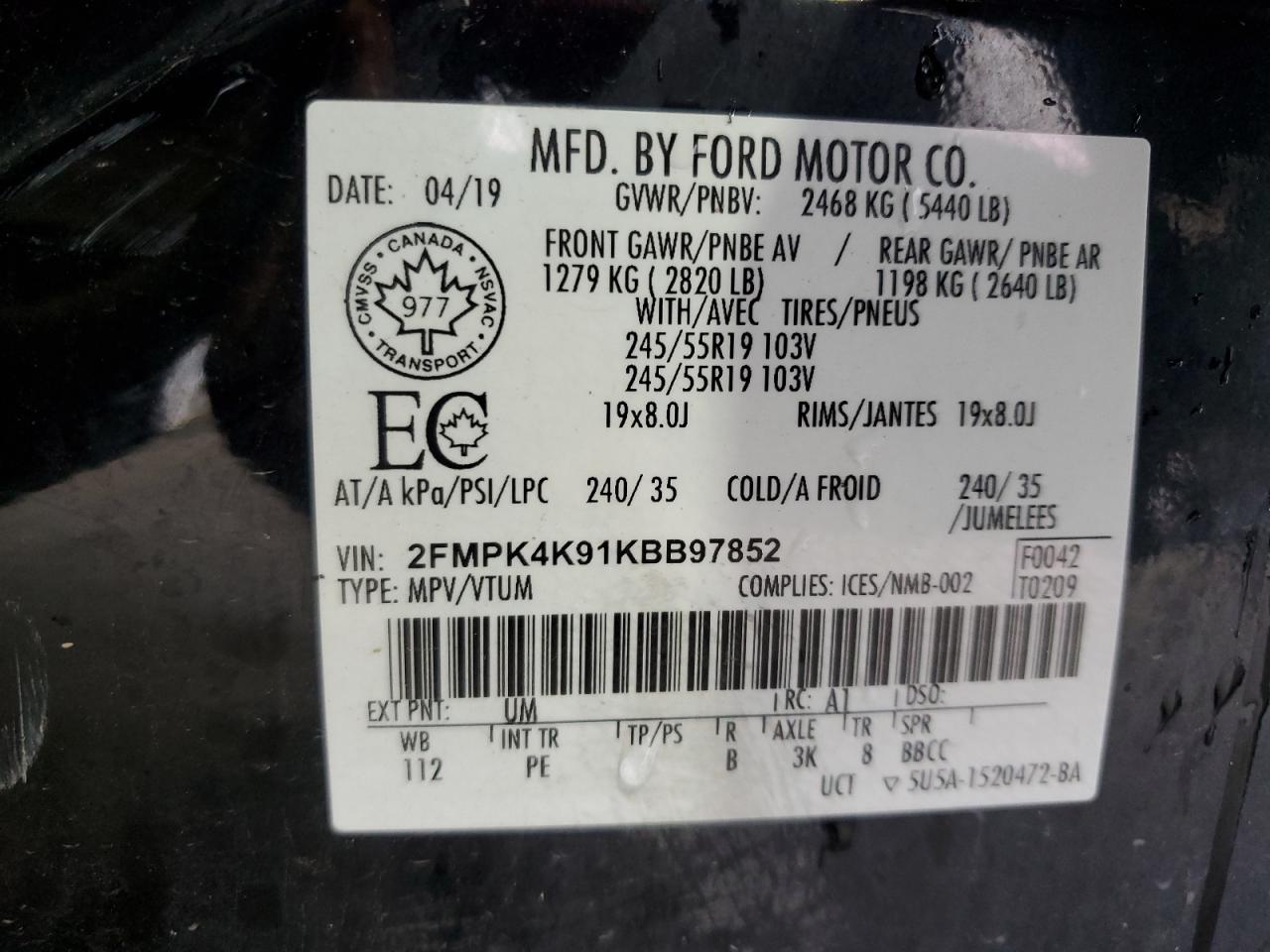 2019 Ford Edge Titanium VIN: 2FMPK4K91KBB97852 Lot: 66505244