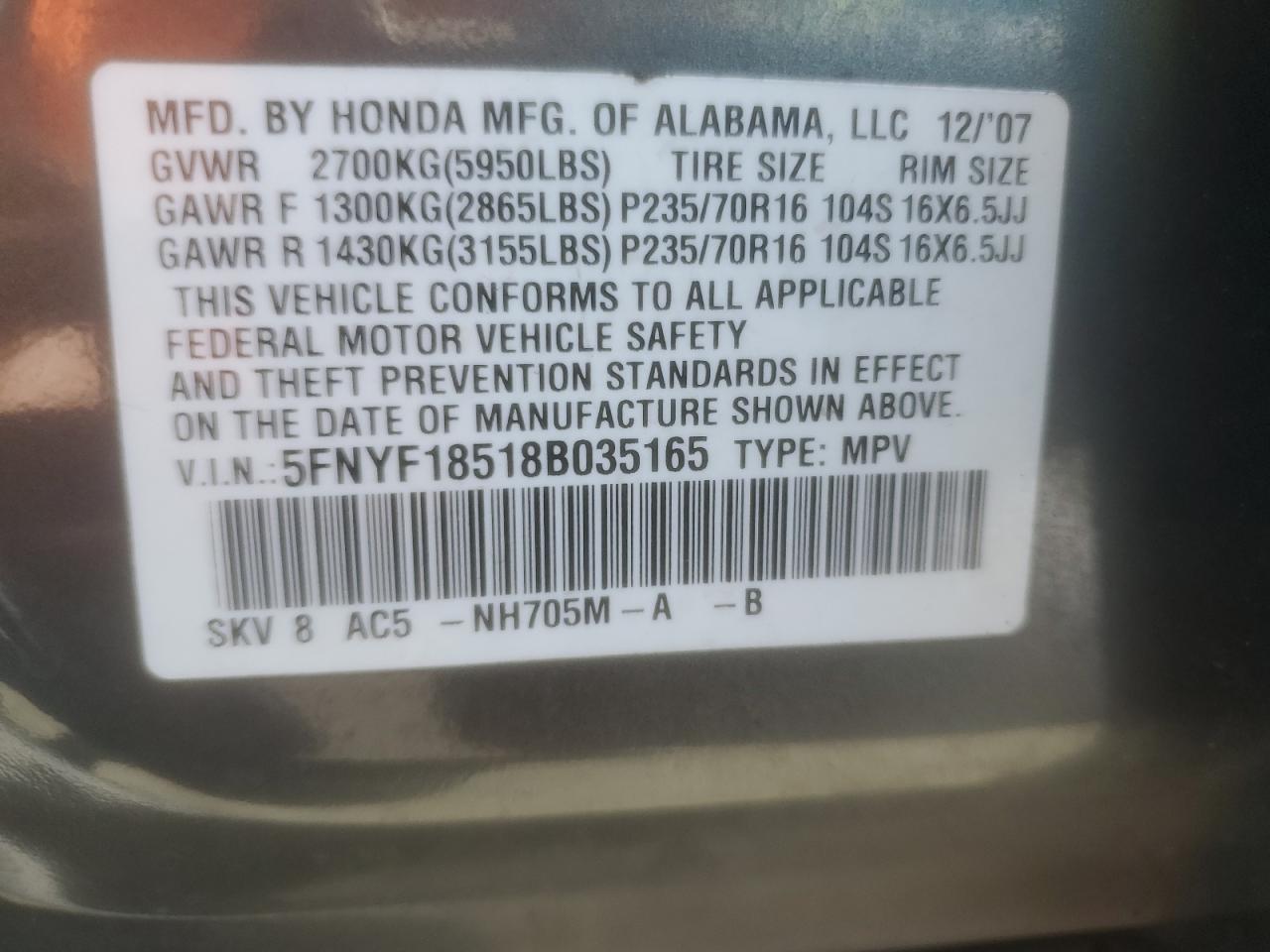 5FNYF18518B035165 2008 Honda Pilot Exl