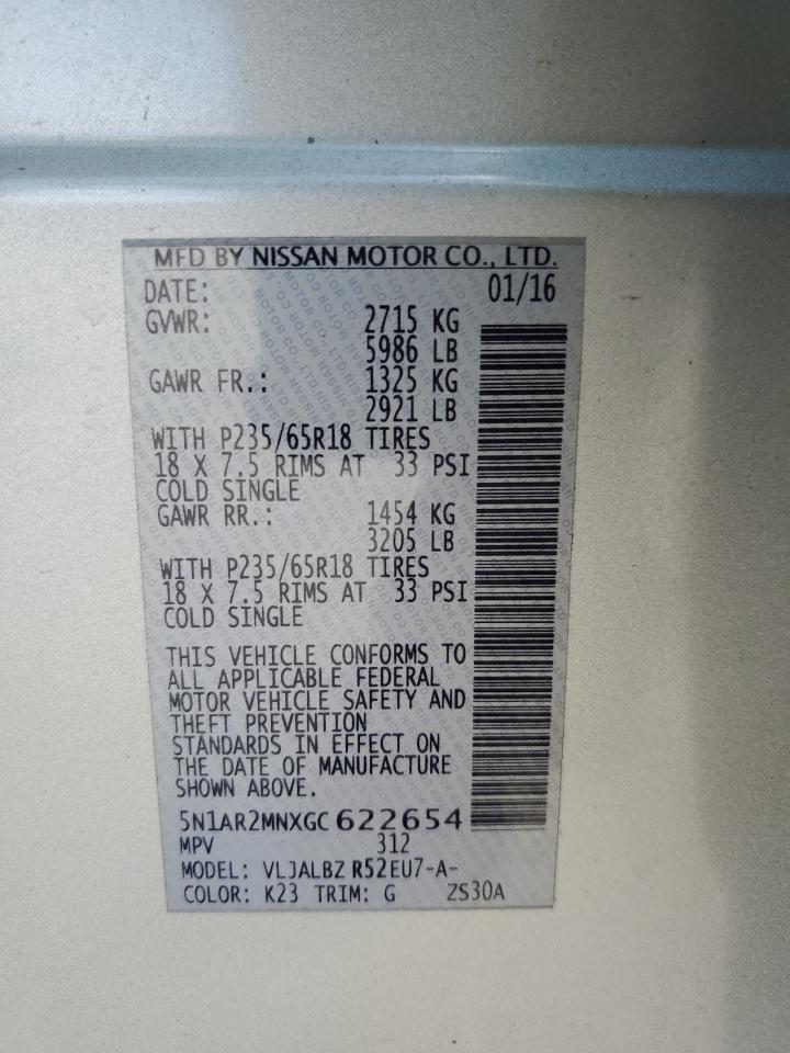 2016 Nissan Pathfinder S VIN: 5N1AR2MNXGC622654 Lot: 66129684