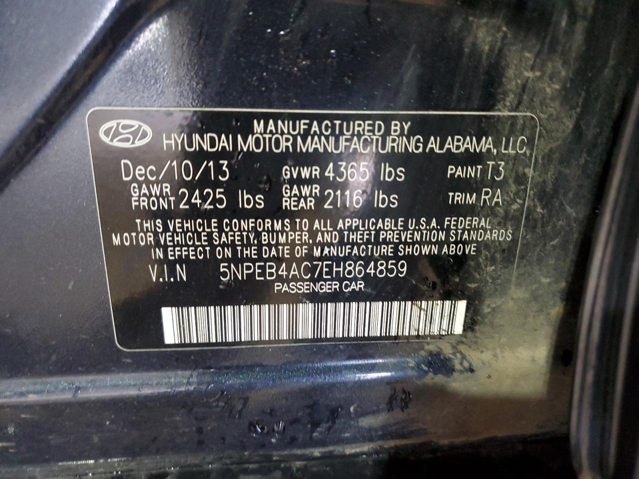 5NPEB4AC7EH864859 2014 Hyundai Sonata Gls