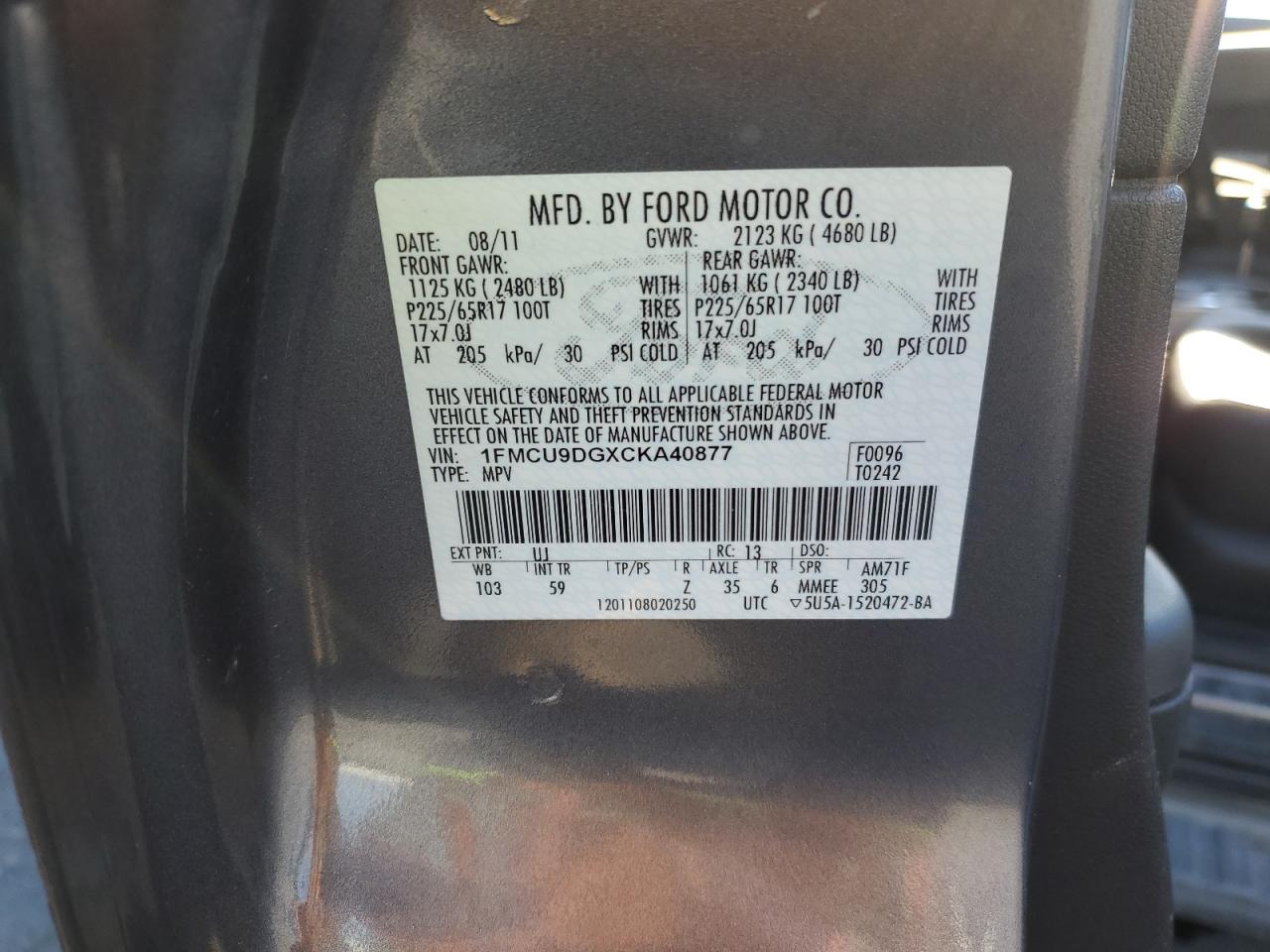 2012 Ford Escape Xlt VIN: 1FMCU9DGXCKA40877 Lot: 66401554