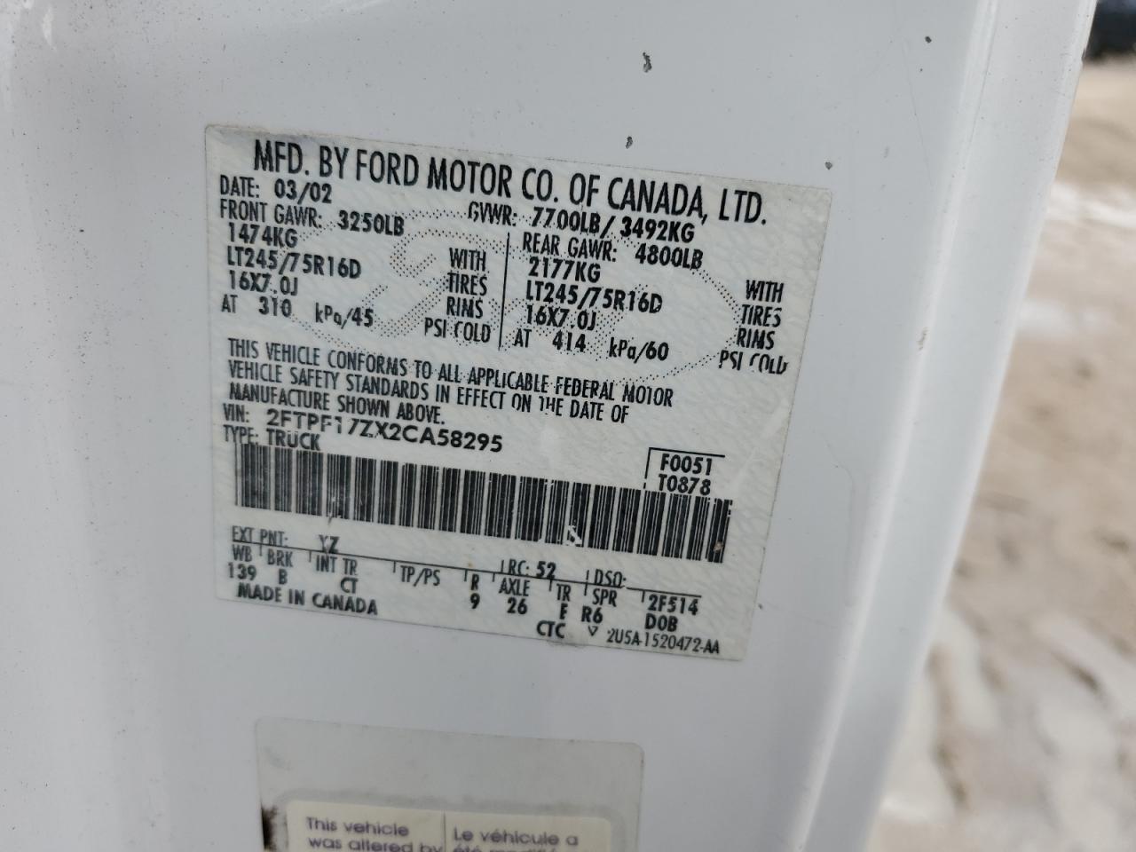 2002 Ford F150 VIN: 2FTPF17ZX2CA58295 Lot: 71972605