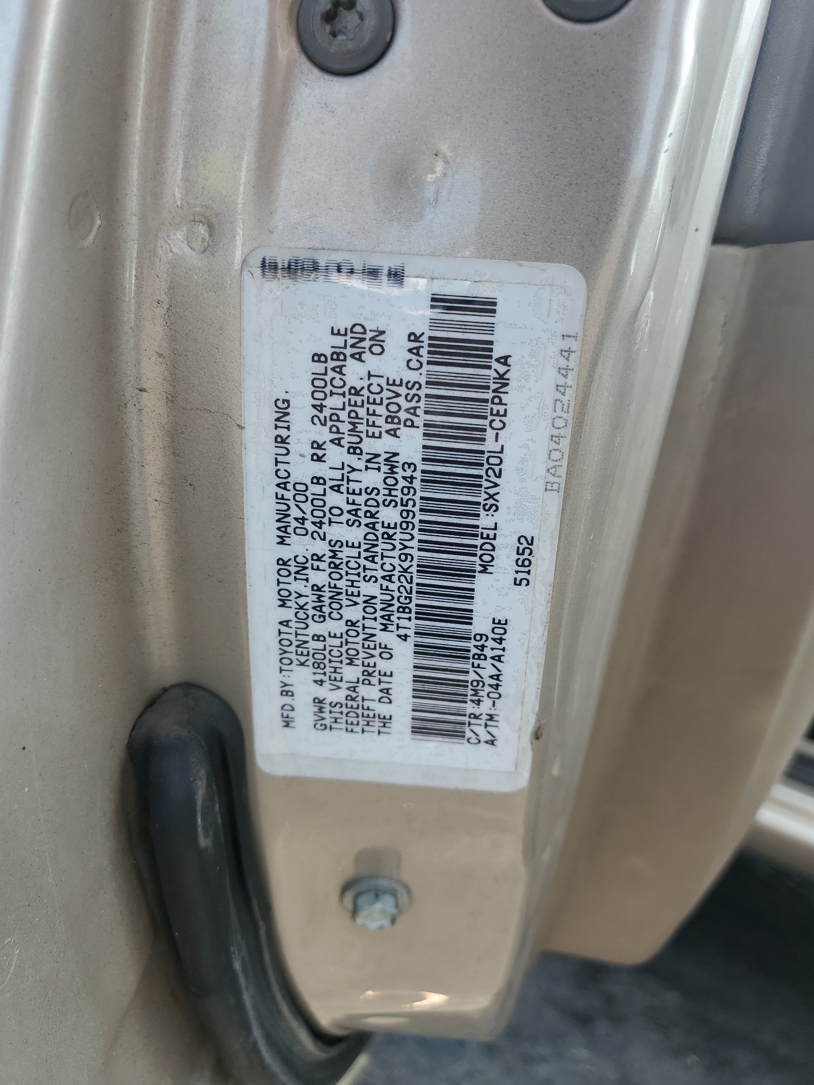 4T1BG22K9YU995943 2000 Toyota Camry Ce