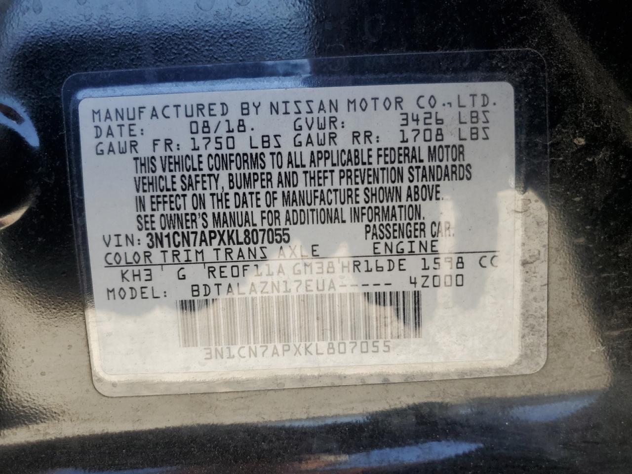 3N1CN7APXKL807055 2019 Nissan Versa S