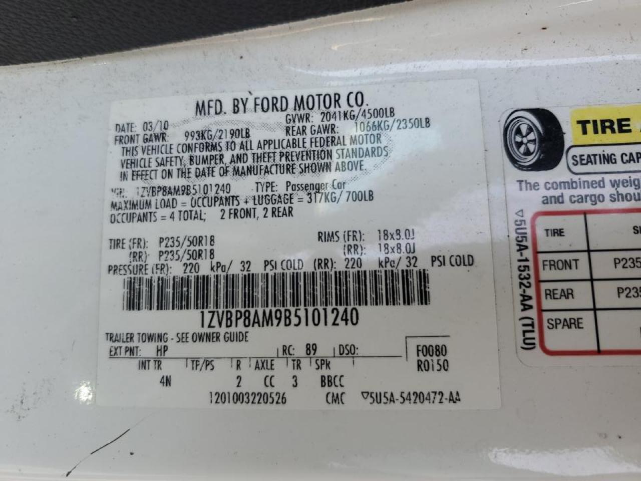 2011 Ford Mustang VIN: 1ZVBP8AM9B5101240 Lot: 66996974