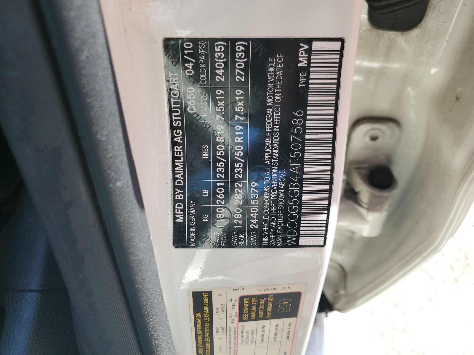 WDCGG5GB4AF507586 2010 Mercedes-Benz Glk 350