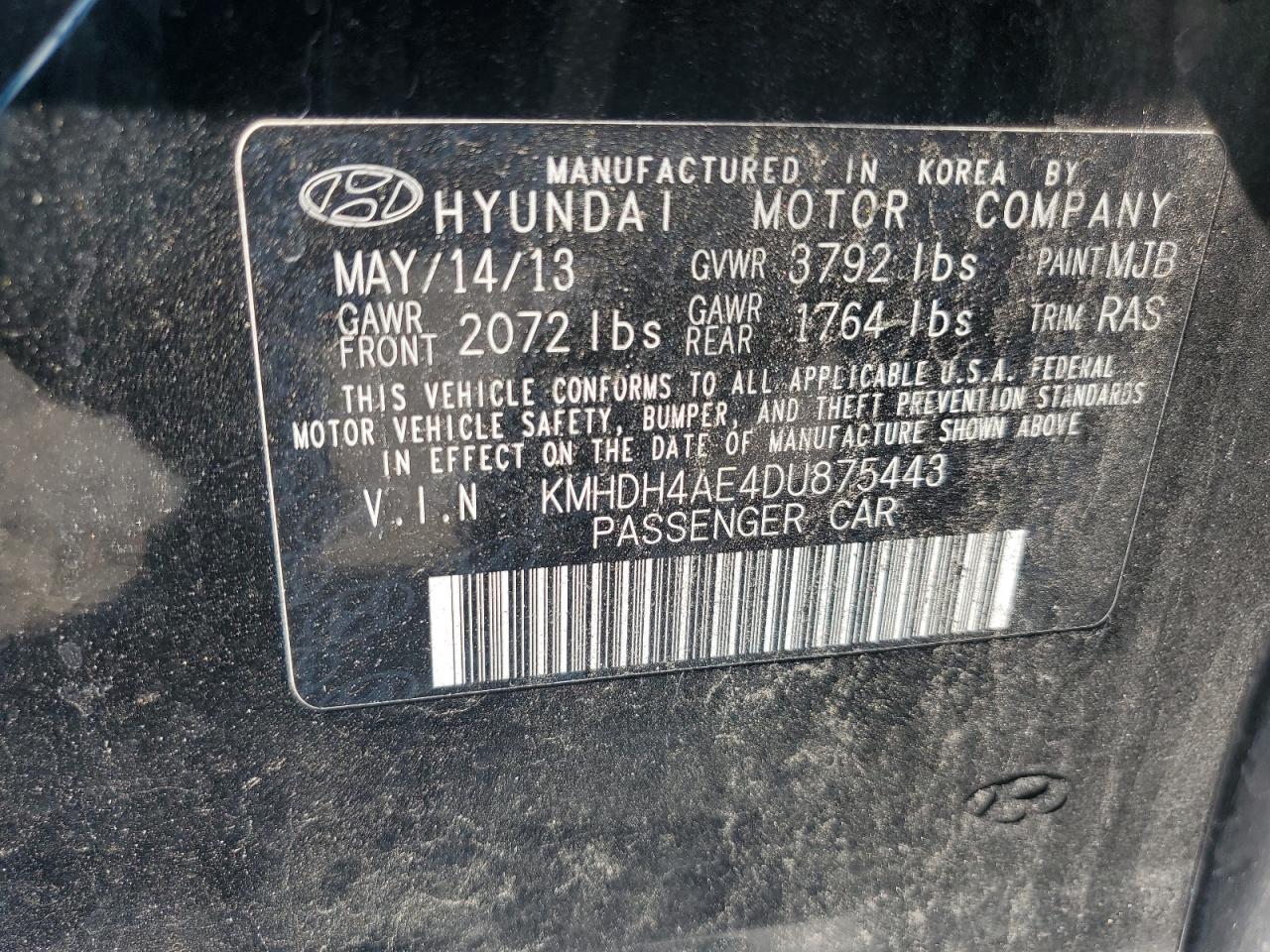 2013 Hyundai Elantra Gls VIN: KMHDH4AE4DU875443 Lot: 66928794