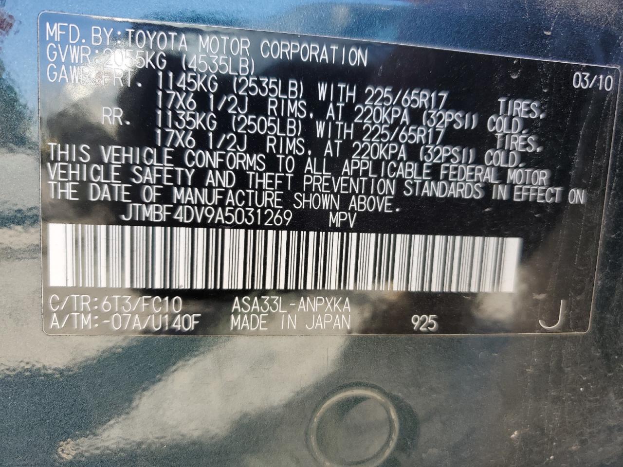 JTMBF4DV9A5031269 2010 Toyota Rav4