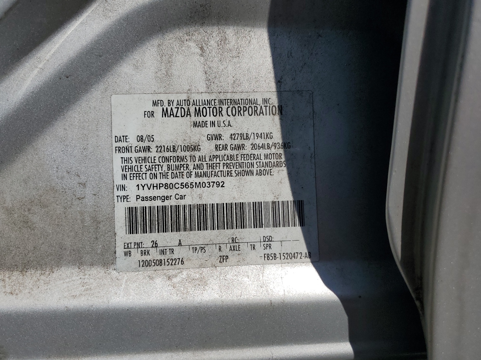 1YVHP80C565M03792 2006 Mazda 6 I