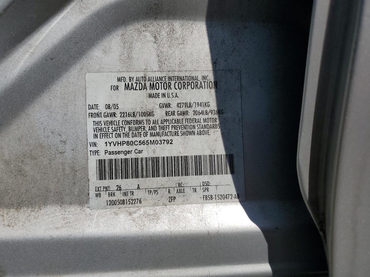 2006 Mazda 6 I VIN: 1YVHP80C565M03792 Lot: 68147764