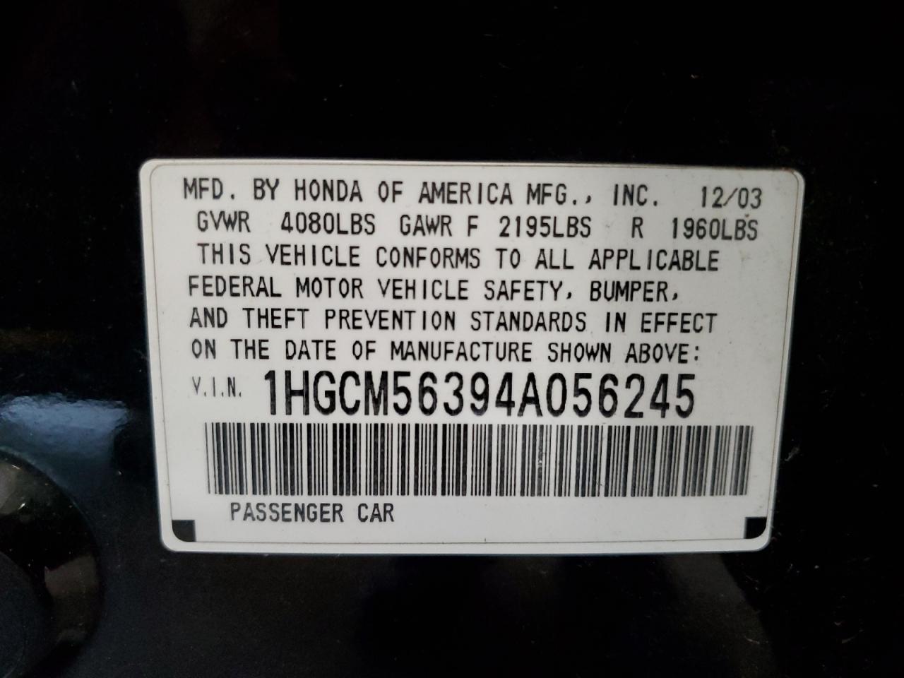 2004 Honda Accord Lx VIN: 1HGCM56394A056245 Lot: 65064434