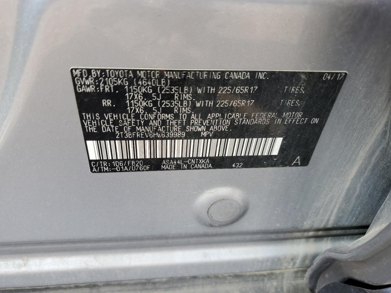 2017 Toyota Rav4 Le VIN: 2T3BFREV6HW639989 Lot: 65483464