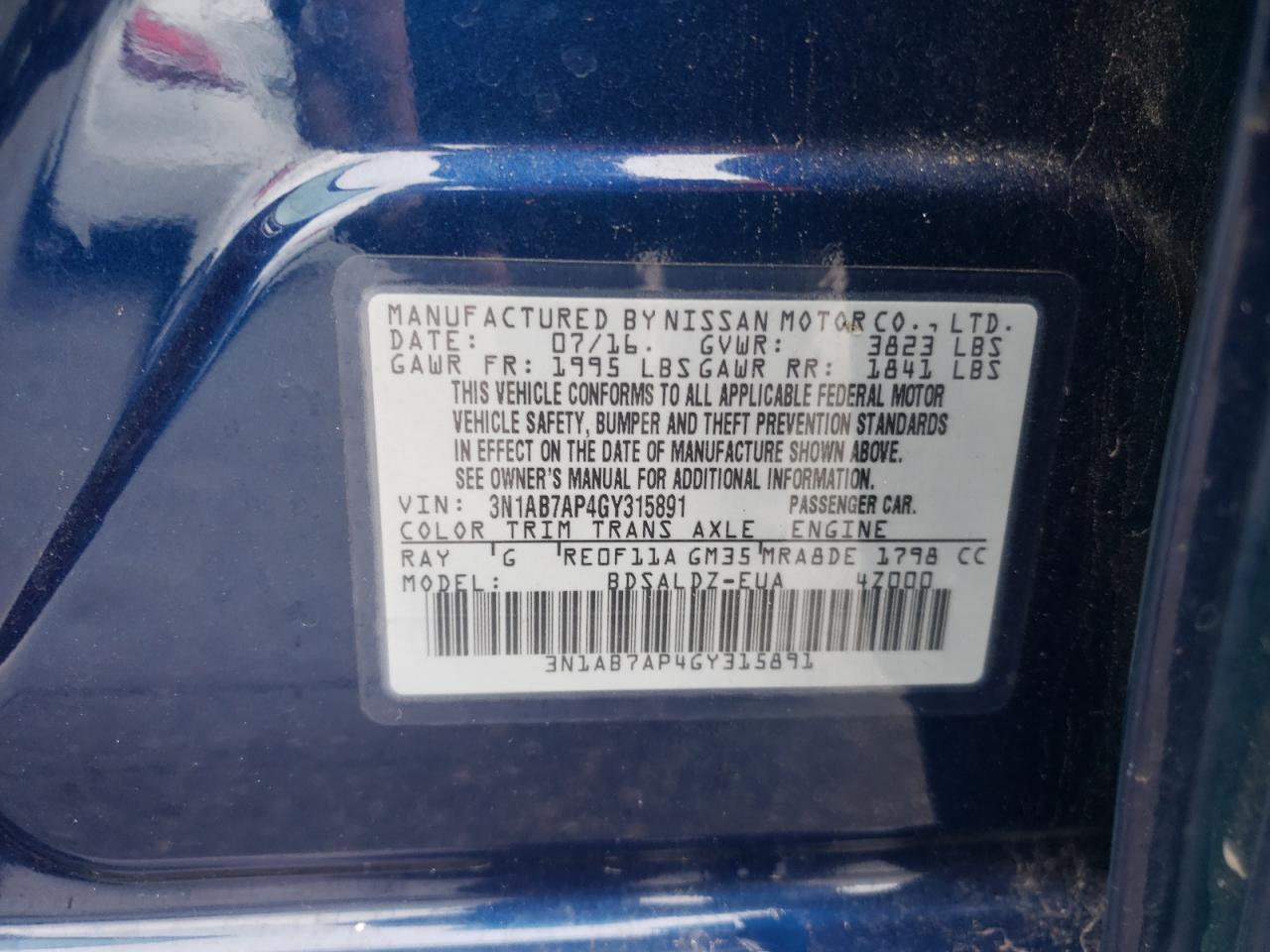 3N1AB7AP4GY315891 2016 Nissan Sentra S