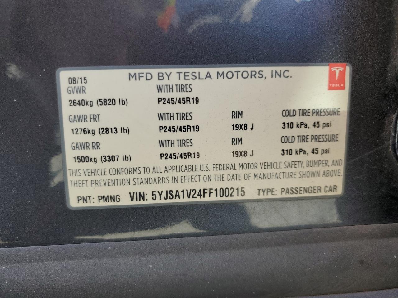 2015 Tesla Model S 90D VIN: 5YJSA1V24FF100215 Lot: 66627774