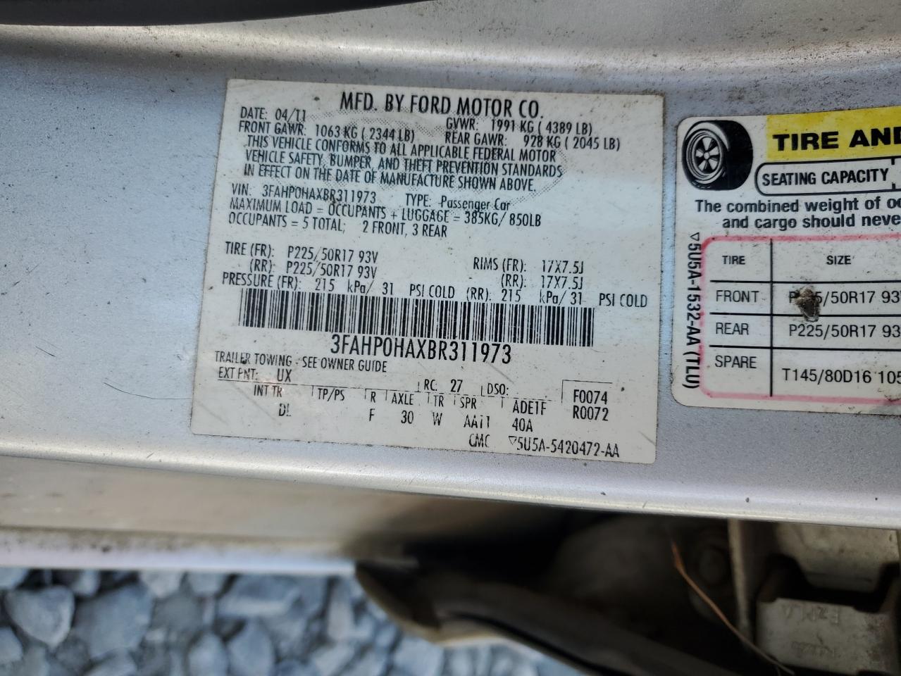 2011 Ford Fusion Se VIN: 3FAHP0HAXBR311973 Lot: 67614934