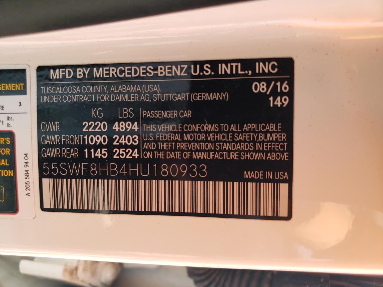 2017 Mercedes-Benz C 63 Amg-S VIN: 55SWF8HB4HU180933 Lot: 66509164