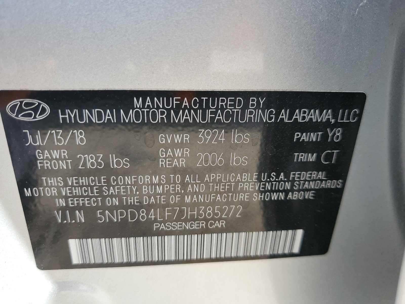 5NPD84LF7JH385272 2018 Hyundai Elantra Sel