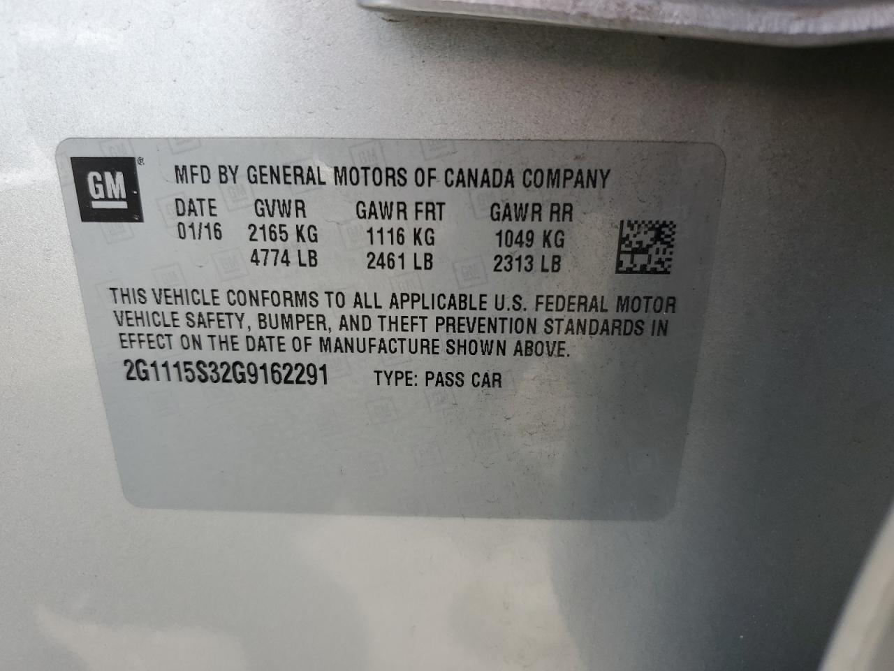 2G1115S32G9162291 2016 Chevrolet Impala Lt