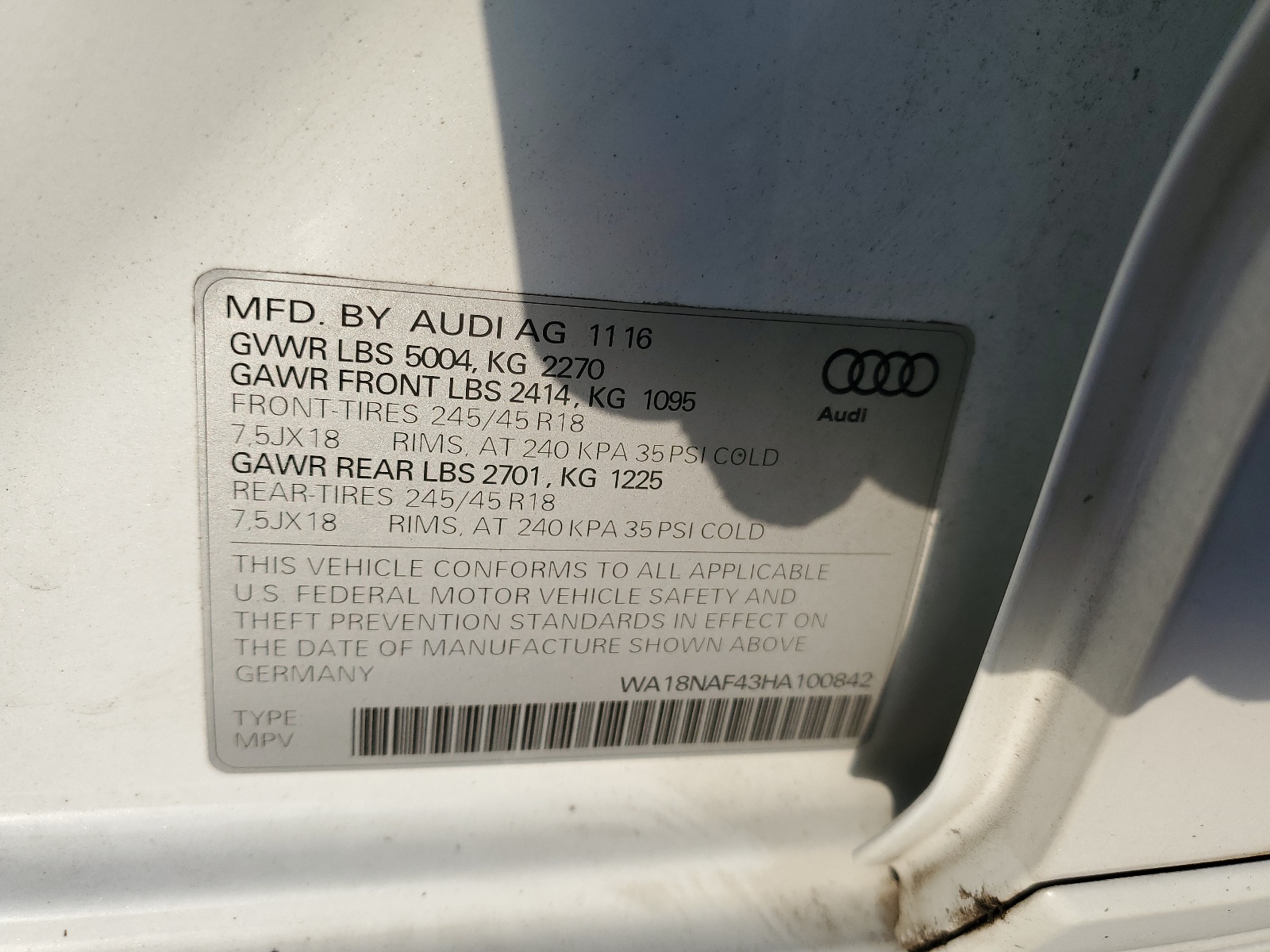 WA18NAF43HA100842 2017 Audi A4 Allroad Premium Plus