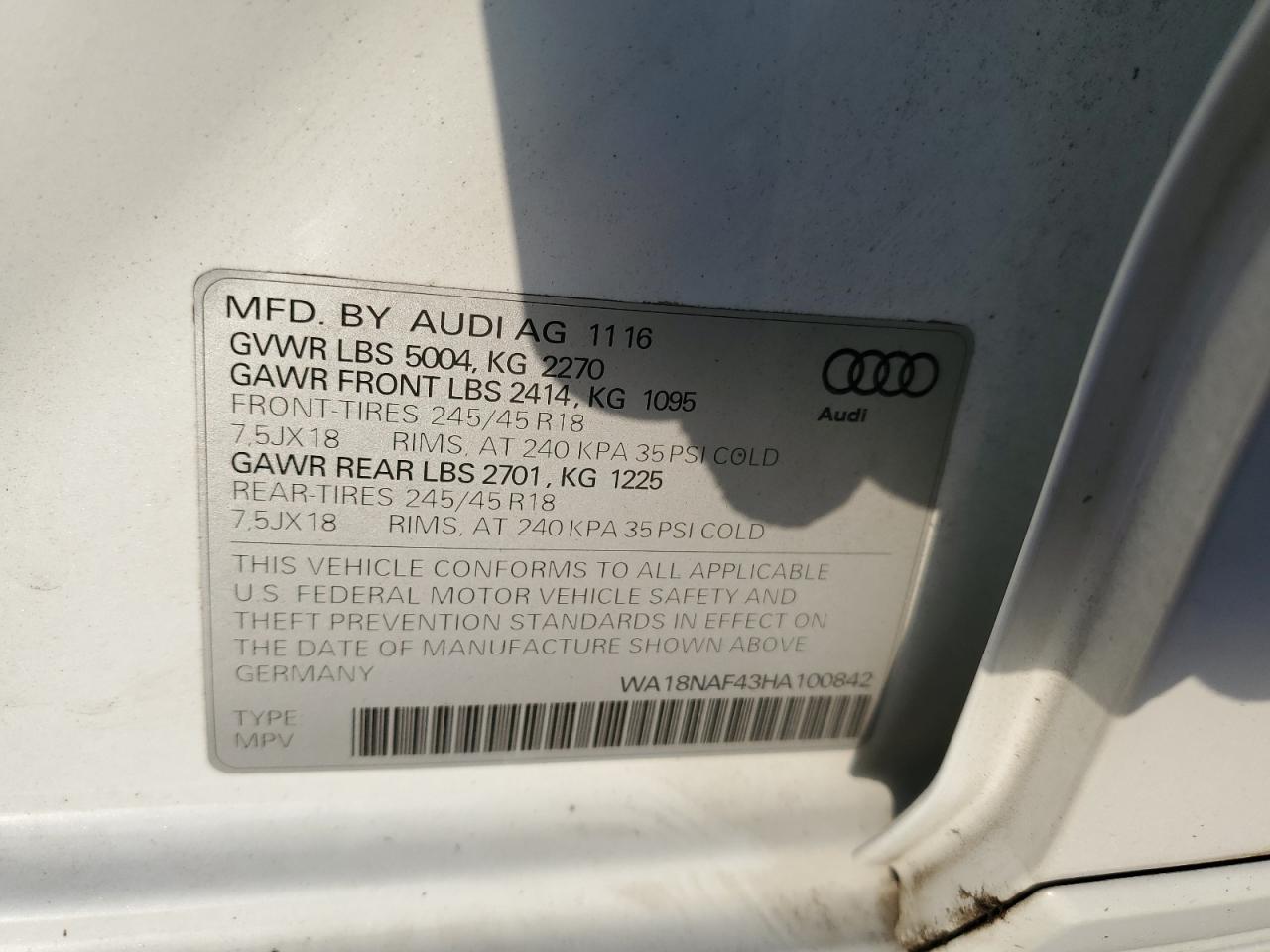 2017 Audi A4 Allroad Premium Plus VIN: WA18NAF43HA100842 Lot: 64741854