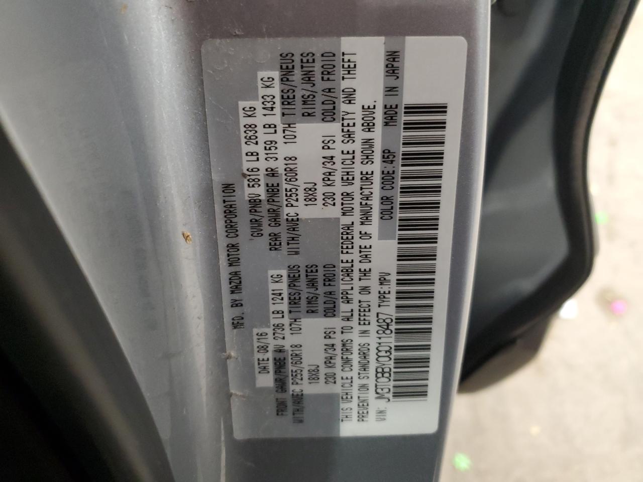 2016 Mazda Cx-9 Touring VIN: JM3TCBBY0G0118487 Lot: 66020004