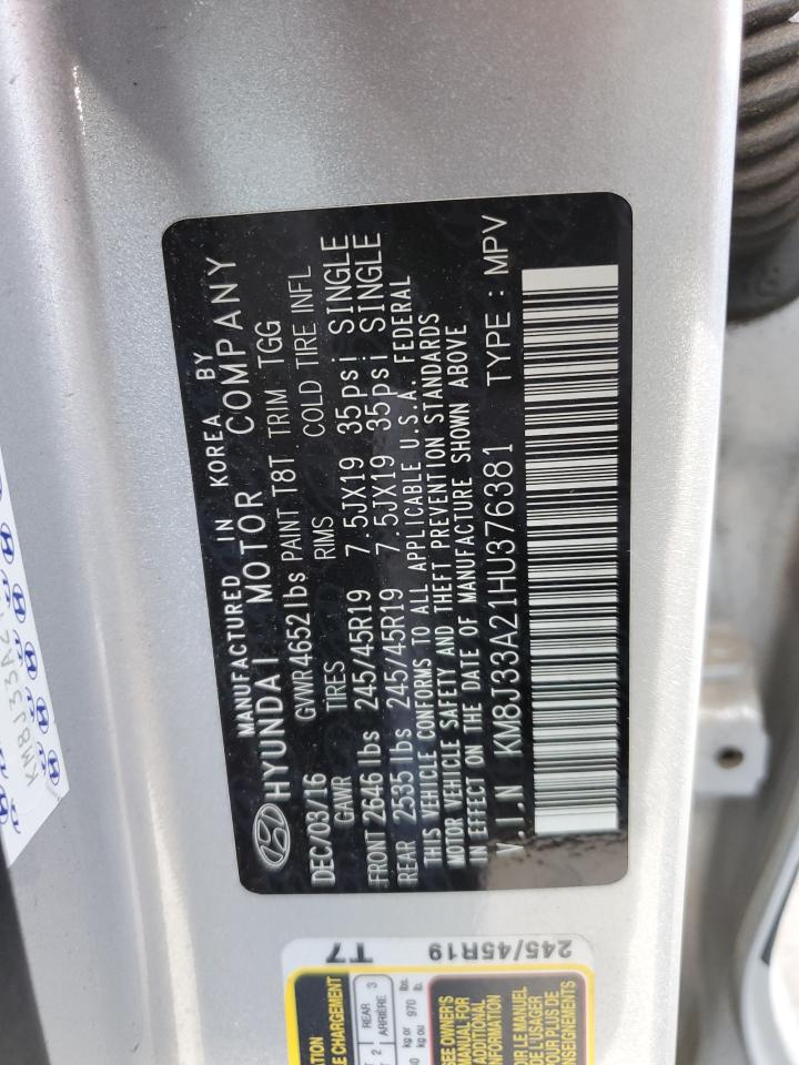 2017 Hyundai Tucson Limited VIN: KM8J33A21HU376381 Lot: 67509214