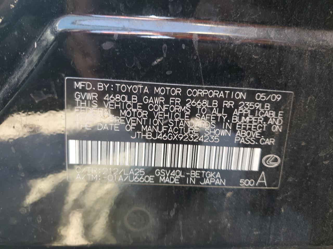 2009 Lexus Es 350 VIN: JTHBJ46GX92324235 Lot: 67756164