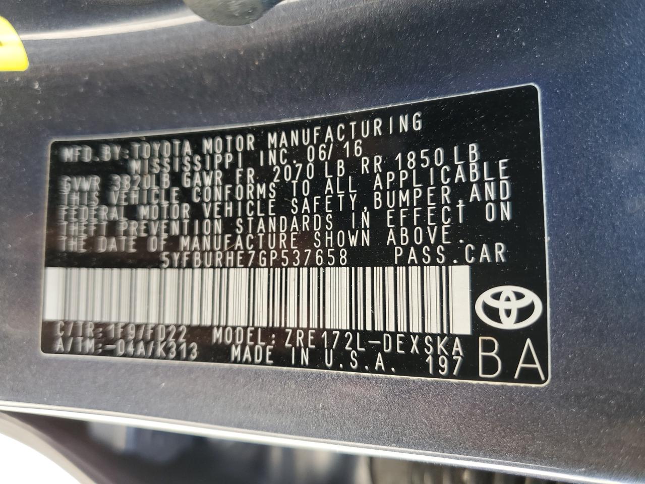 5YFBURHE7GP537658 2016 Toyota Corolla L