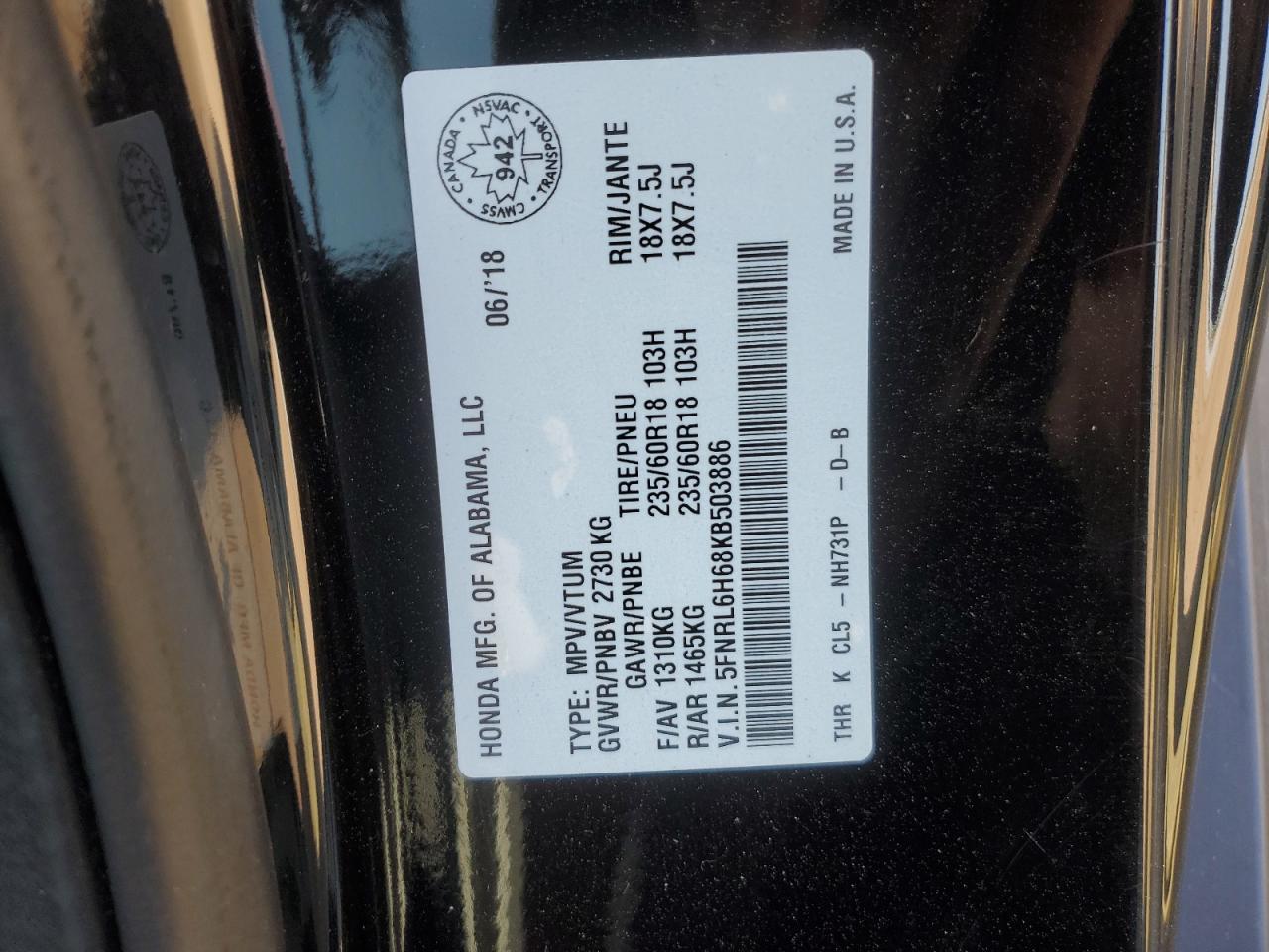 5FNRL6H68KB503886 2019 Honda Odyssey Exl