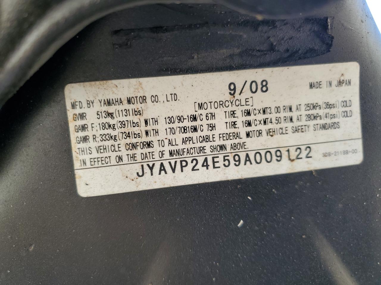 2009 Yamaha Xvs1300 A VIN: JYAVP24E59A009122 Lot: 68842634