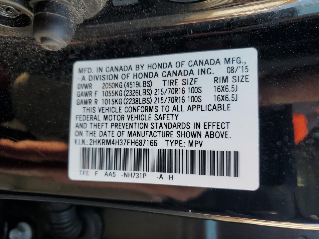 2015 Honda Cr-V Lx VIN: 2HKRM4H37FH687166 Lot: 68073794