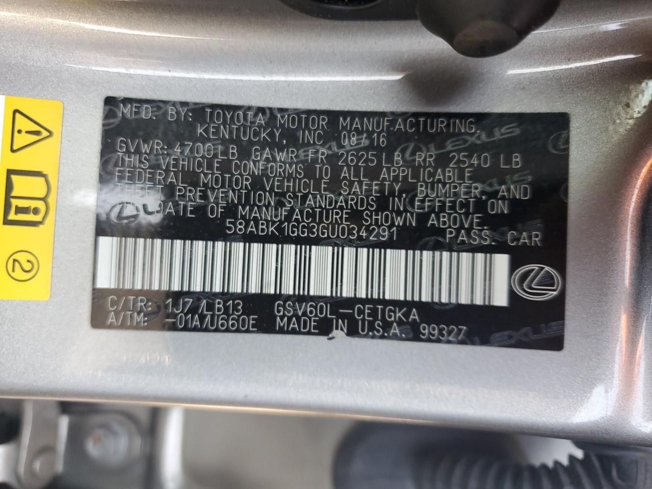 2016 Lexus Es 350 VIN: 58ABK1GG3GU034291 Lot: 65653464