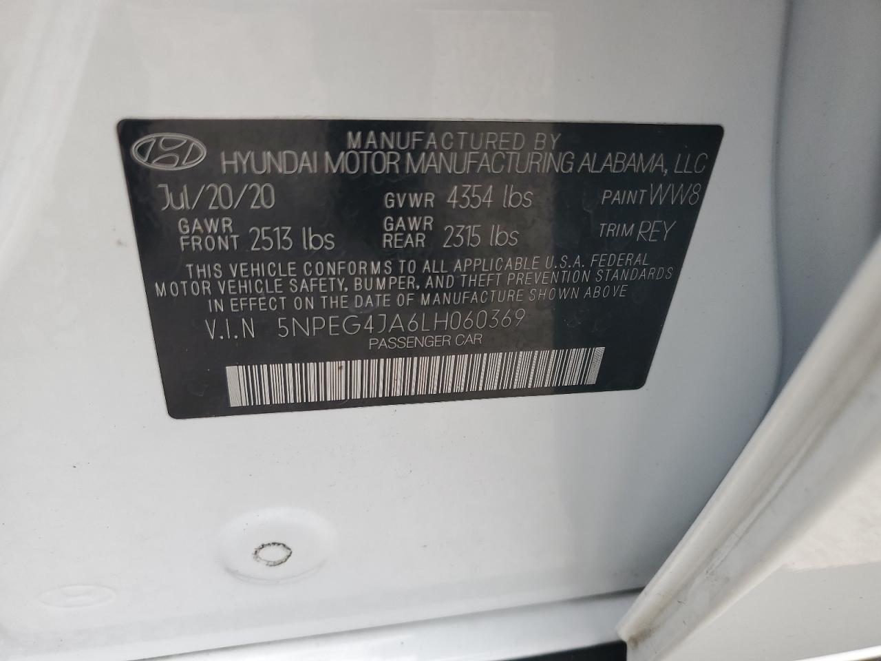 2020 Hyundai Sonata Se VIN: 5NPEG4JA6LH060369 Lot: 68768714