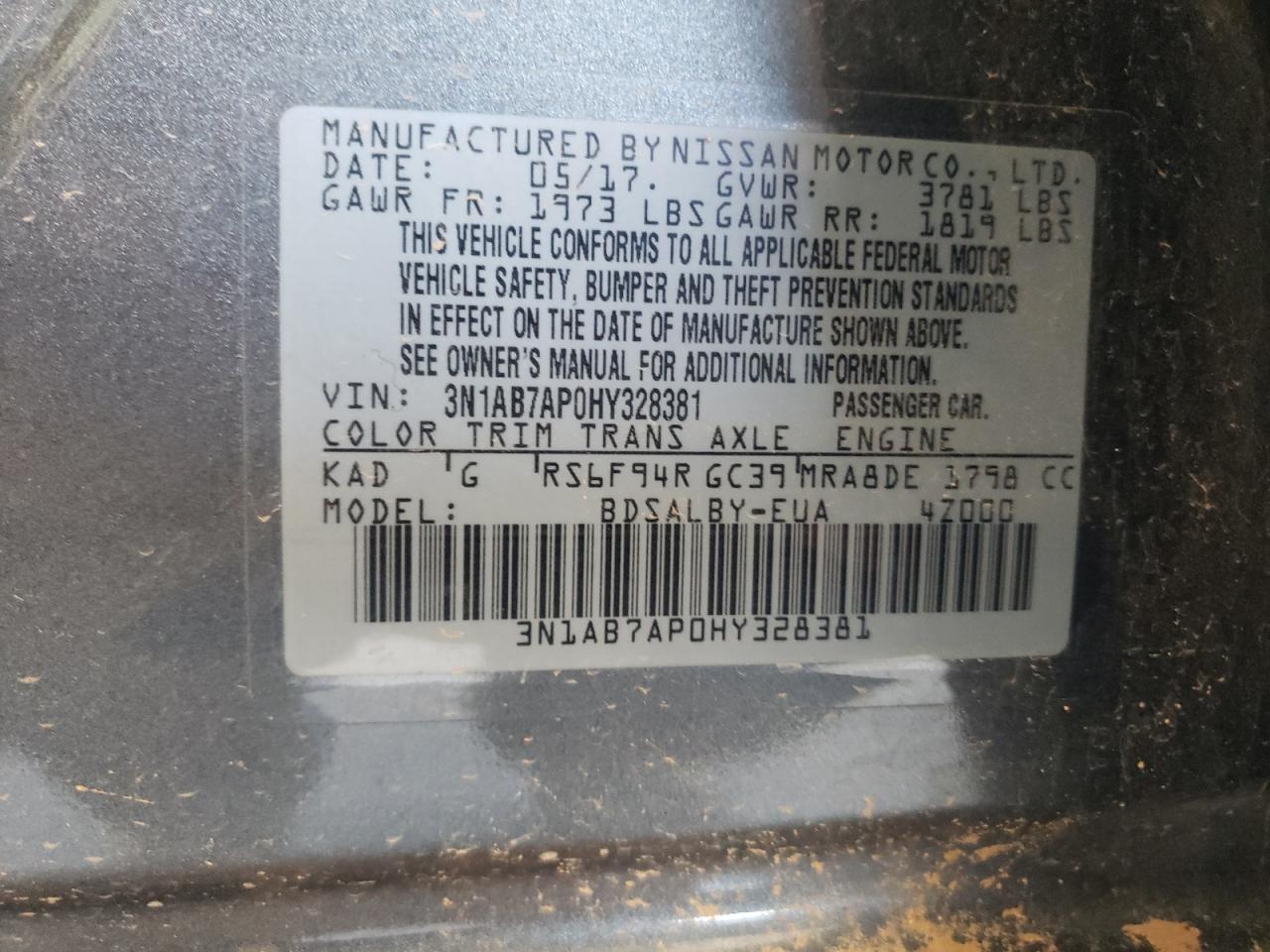 3N1AB7AP0HY328381 2017 Nissan Sentra S