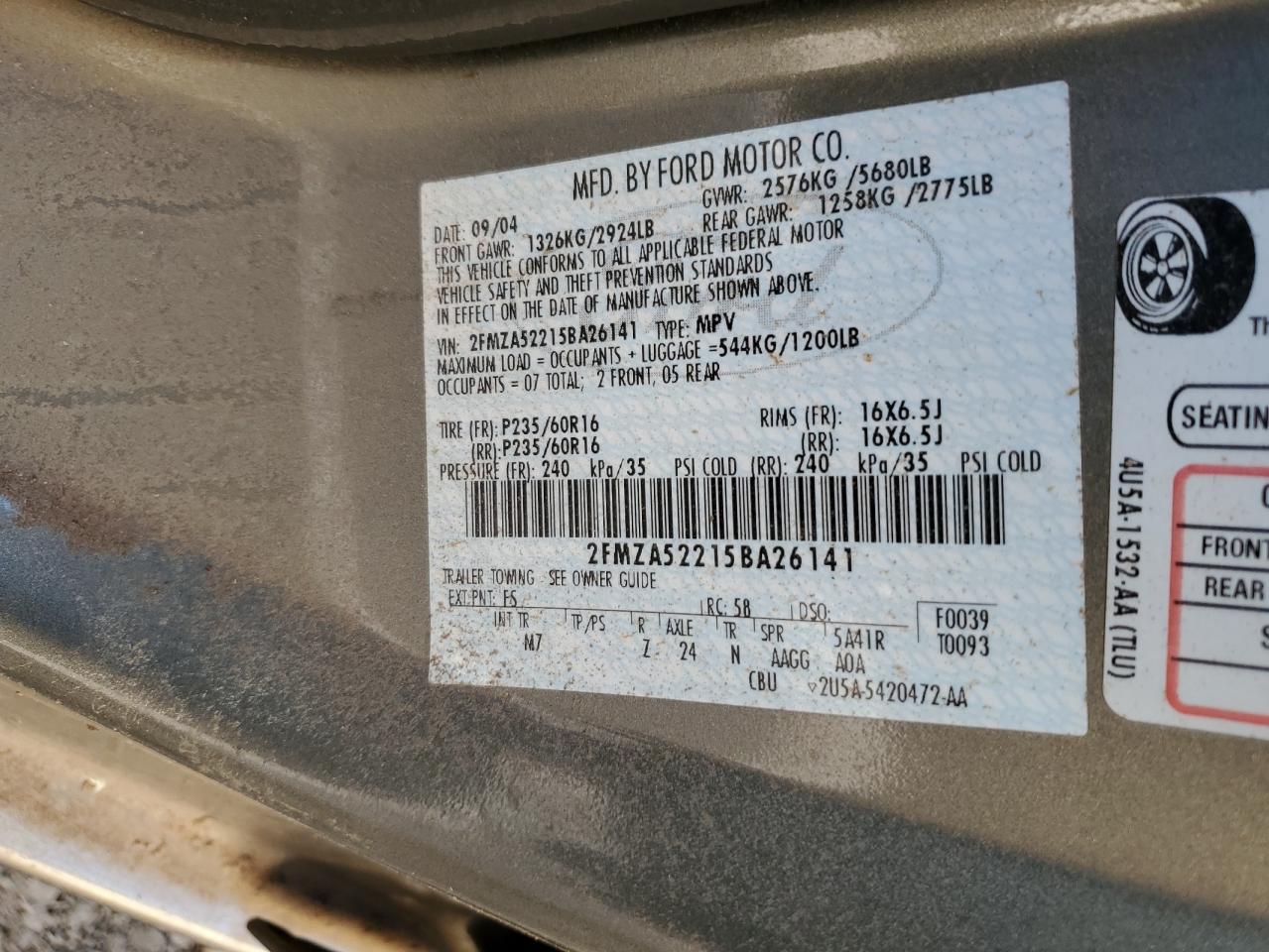 2FMZA52215BA26141 2005 Ford Freestar Sel