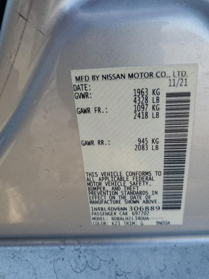2022 Nissan Altima Sv VIN: 1N4BL4DV6NN306889 Lot: 64837014