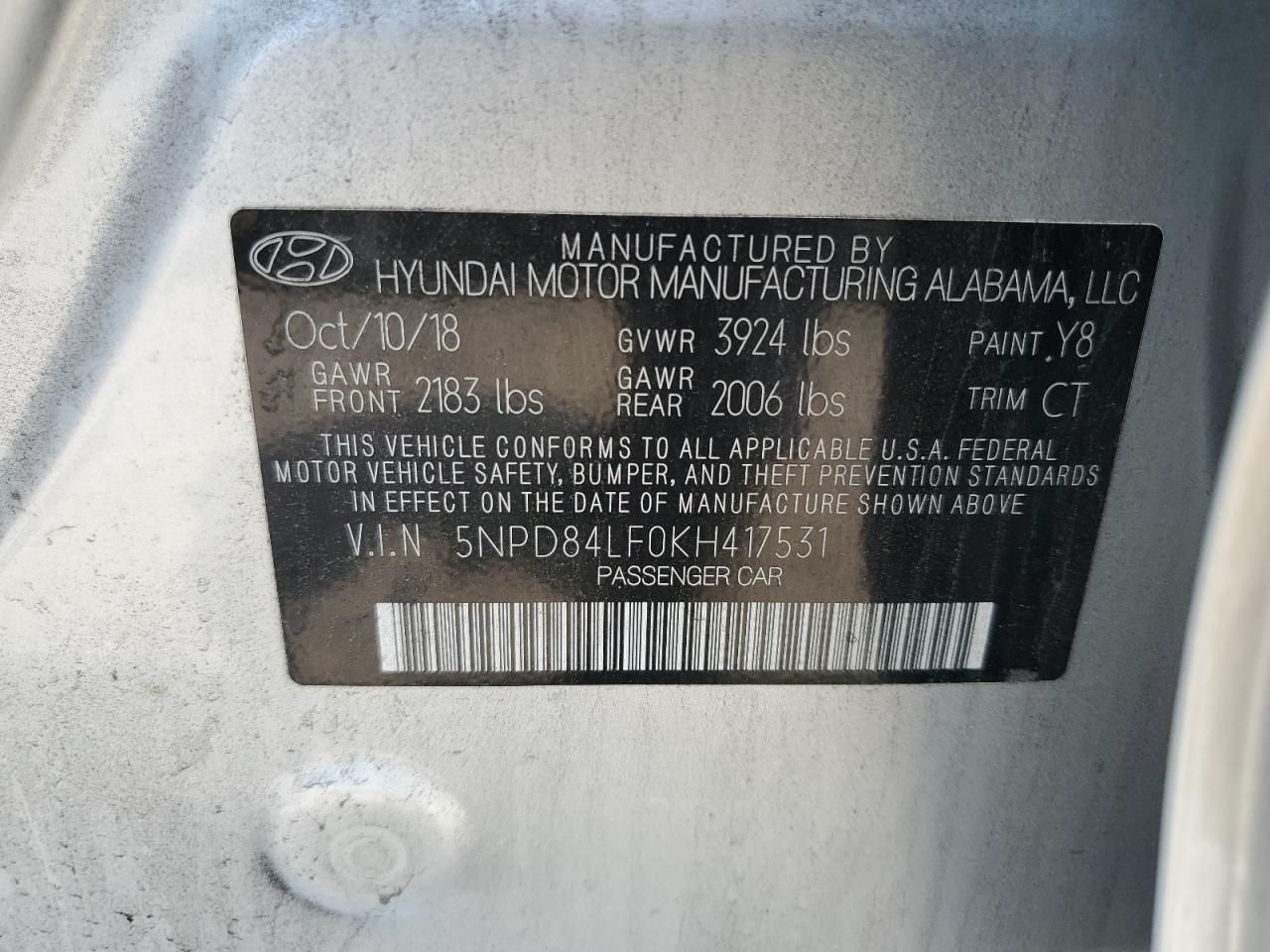 2019 Hyundai Elantra Sel VIN: 5NPD84LF0KH417531 Lot: 65523904