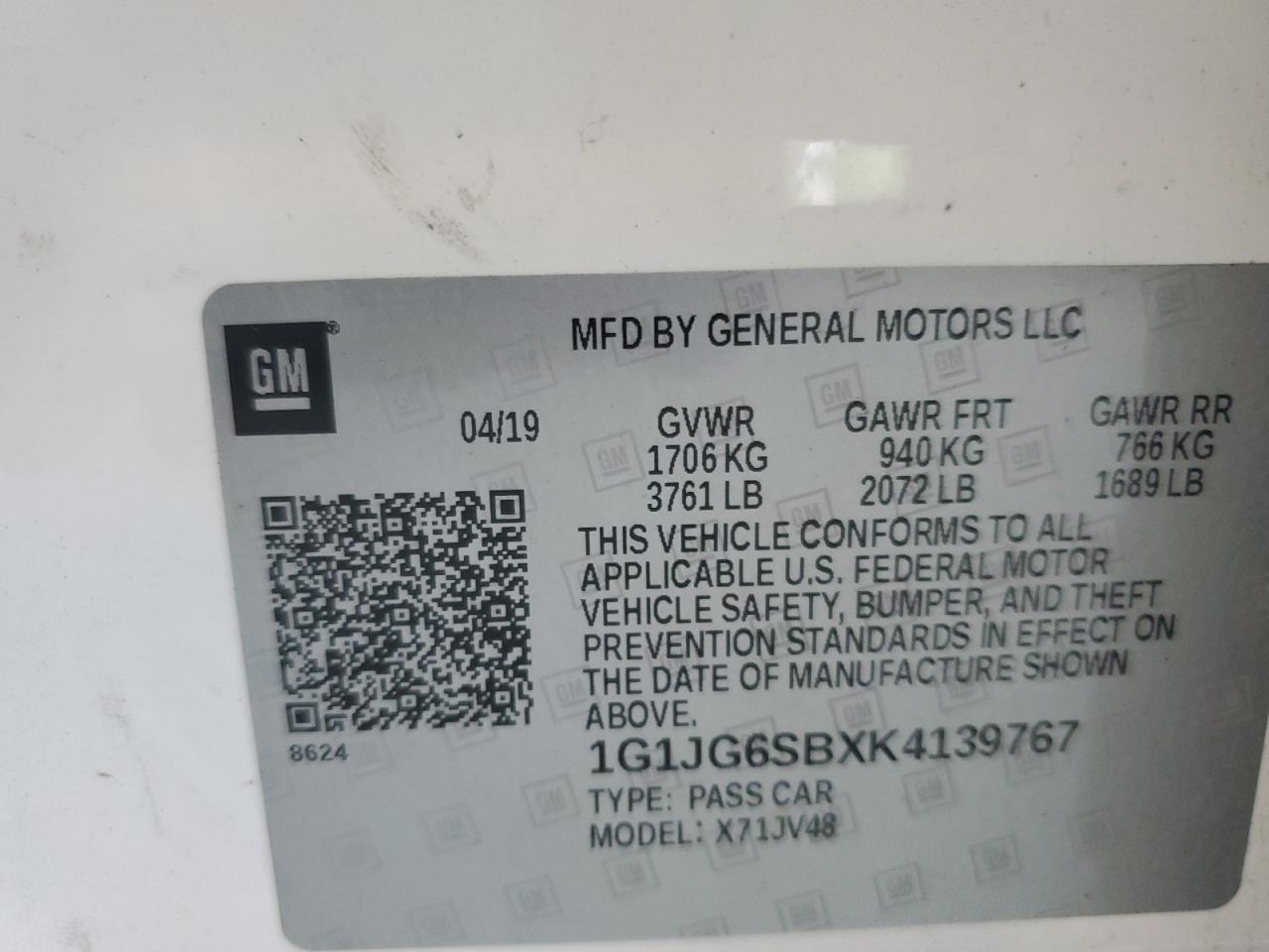 2019 Chevrolet Sonic VIN: 1G1JG6SBXK4139767 Lot: 67853464