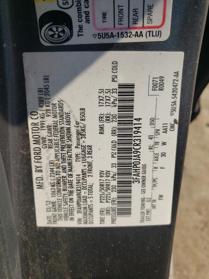 2012 Ford Fusion Sel VIN: 3FAHP0JA9CR319414 Lot: 67258434