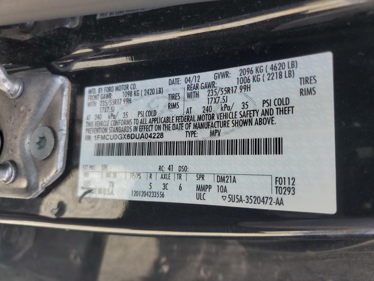 2013 Ford Escape Se VIN: 1FMCU0GX6DUA04228 Lot: 65717624